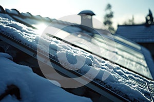 Snow-covered solar panel on sunny rooftop in winter