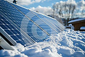 Snow-covered solar panel on sunny rooftop in winter