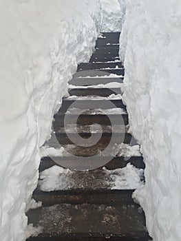 Snow covered stairs in Laklouk area in Lebanon, during ski season on the laklouk slopes , northern Lebanon middle east