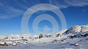Snow on Mount Hoven top in Loen in Vestland in Norway