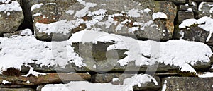 Snow covered stone wall. Texture, background.