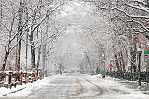 Snow covered street along Washington Square Park in New York City