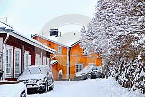 Snow-covered street in Old Porvoo, Finland