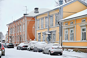 Snow-covered street in Old Porvoo, Finland