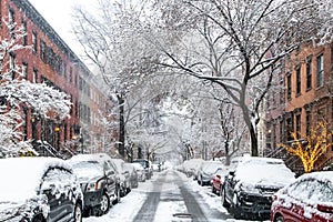 Snow covered street scene in the Greenwich Village neighborhood of New York City after a blizzard