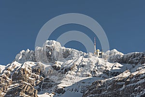 The snow-covered top of mount Saentis, Canton Appenzell Ausserrhoden, Switzerland