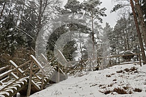 Snow-covered tourist stairs woods