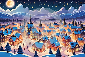 Snow-covered town, aglow with twinkling lights, where families gather for Christmas warmth and celebration