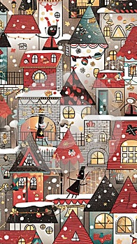 Snow-covered town come alive at Christmas time. A scene straight from a storybook. Generative AI Xmas postcard design