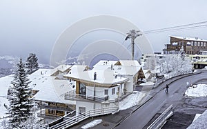 Snow covered town of Hasliberg in Switzerland.