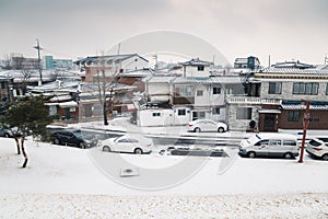 Snow covered town at winter in Suwon, Korea