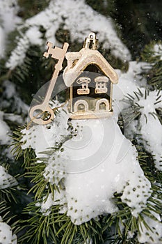 On a snow-covered tree branch a golden decorative house and key to the castle, Christmas decorations, the concept