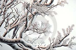 a snow covered tree branch with a white sky in the background and a few clouds in the sky above it, with a light dustin of snow on photo