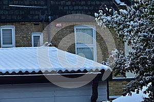 A snow covered tree and roofs on a snowy day