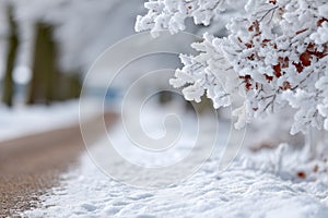 A snow covered tree on the side of a road in the snow