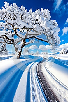 A snow covered tree on the side of a snowy road