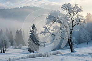 Snow-covered trees with fog softening the scene. generated using AI. photo