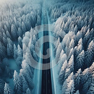 Snow covered trees and road line, aerial drone photo
