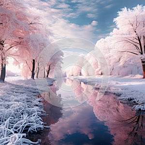 Snow-Covered Trees Surrounding River by Forest