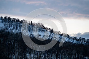Snow covered trees on winter snow mountains. Winter snow mountain forest landscape
