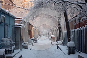 snow-covered urban alley with frosted trees