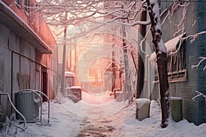 snow-covered urban alley with frosted trees