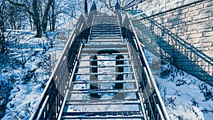 Snow covered urban stairs with snow