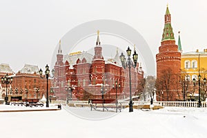 Snow-covered view of the Manezhnaya Square in Moscow.