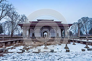 The snow covered view of Shalimar Bagh Mughal Garden during winter season, Srinagar, Kashmir, India