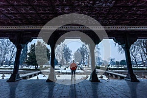 The snow covered view of Shalimar Bagh Mughal Garden during winter season, Srinagar, Kashmir, India