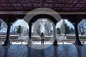 The snow covered view of Shalimar Bagh Mughal Garden during winter season, Srinagar, Kashmir, India