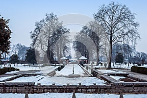 The snow covered view of Shalimar Bagh Mughal Garden during winter season, Srinagar, Kashmir, India