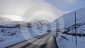 Snow covered Vikafjell mountain pass near Vik i Sogn in Norway