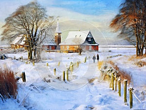 Snow-covered village by the Baltic Sea\'s Bodden in germany