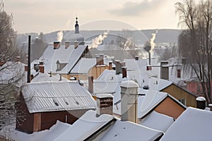 snow-covered village, with chimneys and rooftops visible against the winter sky