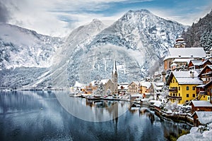 The snow covered village of Hallstatt in the Austrian Alps