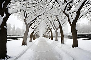 Snow-covered way. Winter season. Trees covered with snow.