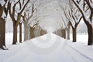 Snow-covered way. Winter season. Trees covered with snow.