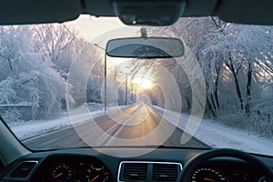 snow-covered windshield, view from inside car