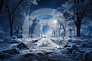 Snow-covered winter alley in the park at night, a path among trees covered with frost, cold season wallpaper, AI Generated