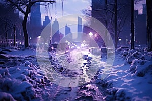 Snow-covered winter alley in the park at night, a path among trees covered with frost, cold season wallpaper, AI Generated