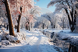 Snow-covered winter alley in the park with a stream, a path among trees covered with frost, cold season wallpaper, AI Generated