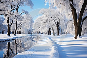 Snow-covered winter alley in the park with a stream, a path among trees covered with frost, cold season wallpaper, AI Generated