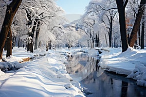 Snow-covered winter alley in the park with a stream, a path among trees covered with frost, cold season wallpaper, AI Generated