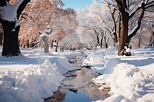 Snow-covered winter alley in the park with a stream, a path among trees covered with frost, cold season wallpaper, AI Generated