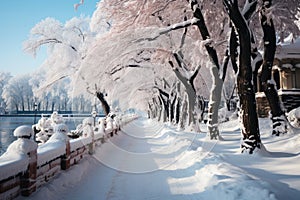 Snow-covered winter alley in the park with a stream, a path among trees covered with frost, cold season wallpaper, AI Generated