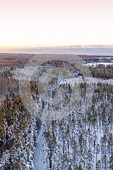 Snow covered winter forest view from drone during sunrise