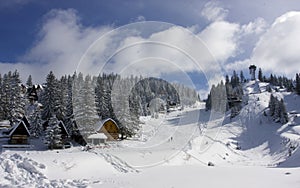 Snow covered winter ski center