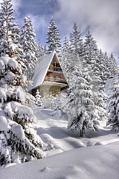 Snow covered winter ski center