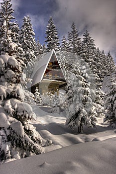 Snow covered winter ski center